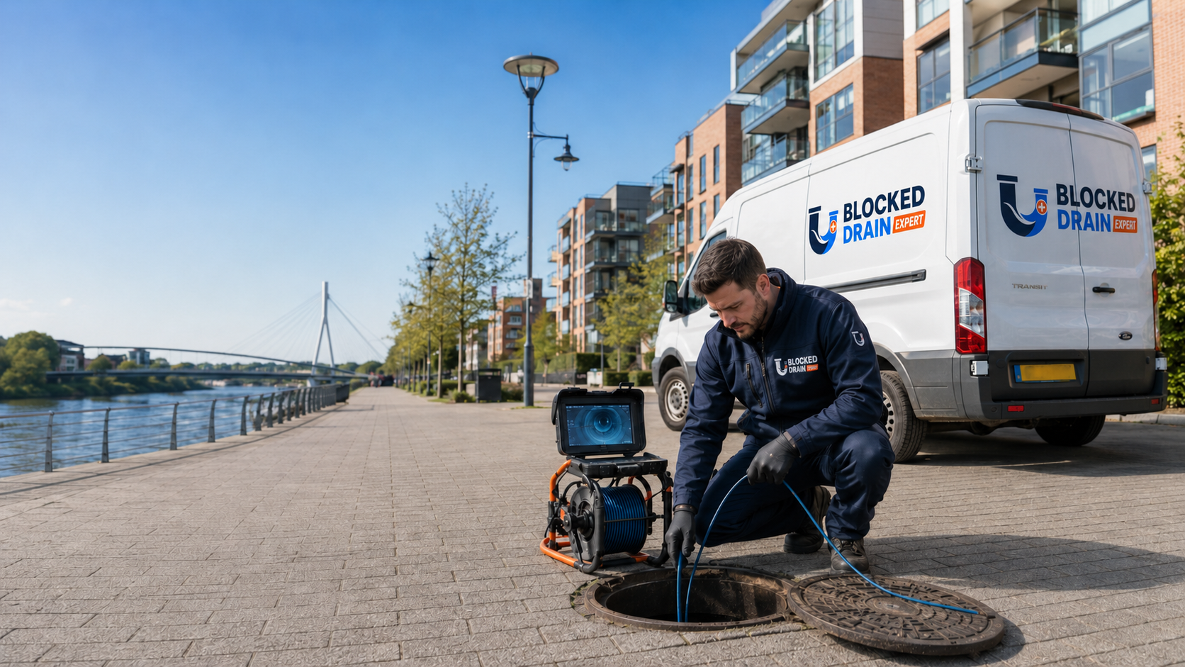 Drain inspection equipment positioned beside an open residential drain